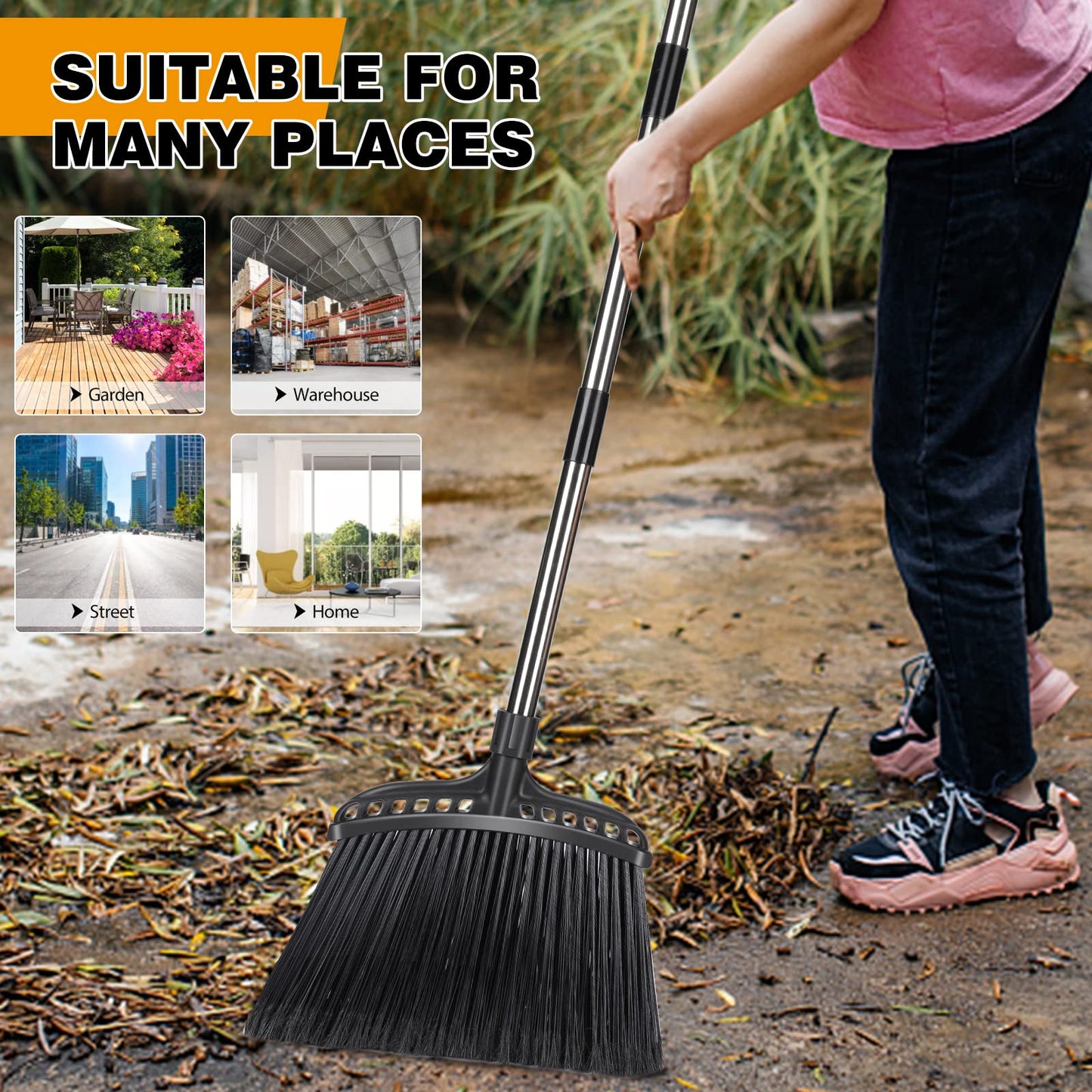 Almcmy Outdoor Broom, Commercial Heavy Duty Broom with Stainless Steel Handle, Angle Broom for Sweeping Indoor Lobby Home Garage Kitchen Office Courtyard Lawn Concrete - Black