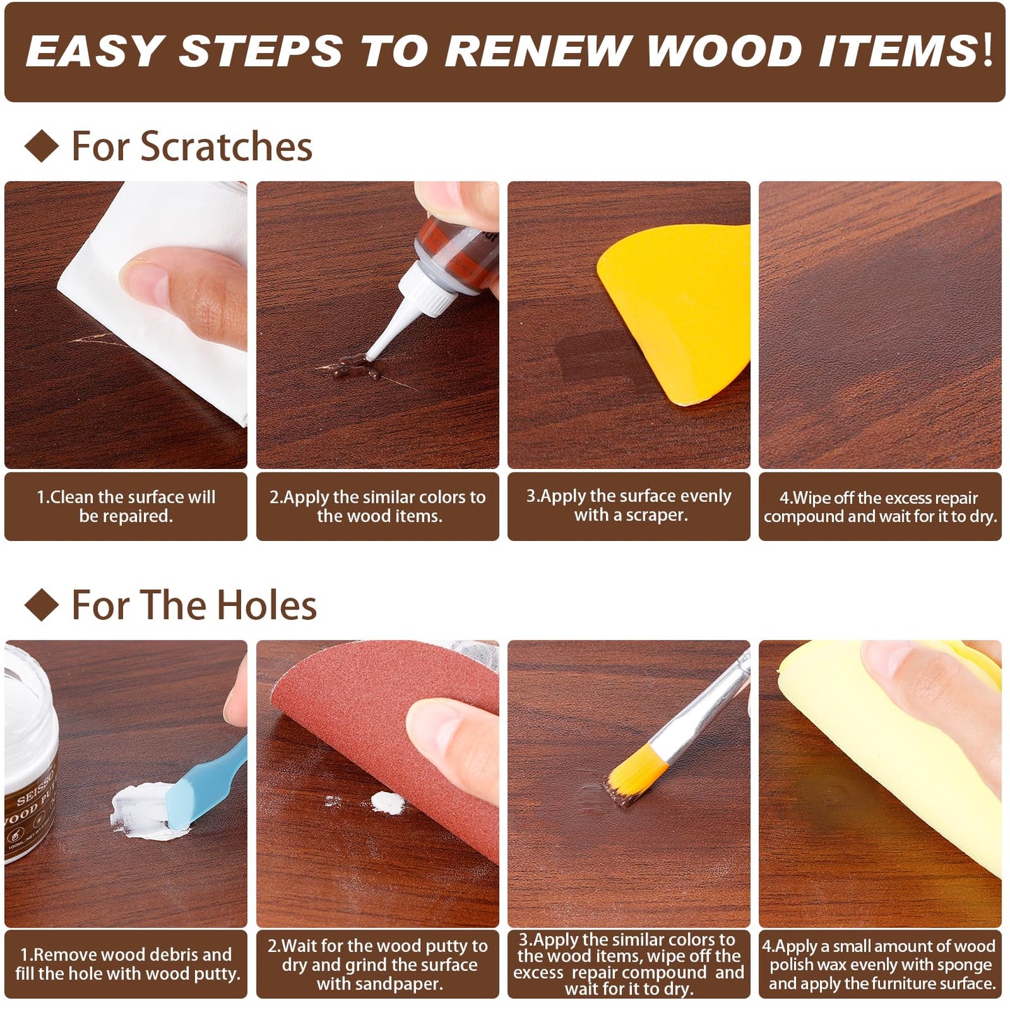 Wood Furniture Repair Kit, 6 Colors Wood Filler Hardwood Laminate Vinyl Floor Repair Kit with Wood Putty, Wood Polish Wax for Hole, Scratch, Crack, Stain (Walnut Wood 15Pcs)