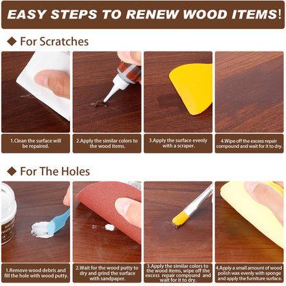 Wood Furniture Repair Kit, 6 Colors Wood Filler Hardwood Laminate Vinyl Floor Repair Kit with Wood Putty, Wood Polish Wax for Hole, Scratch, Crack, Stain (Walnut Wood 15Pcs)