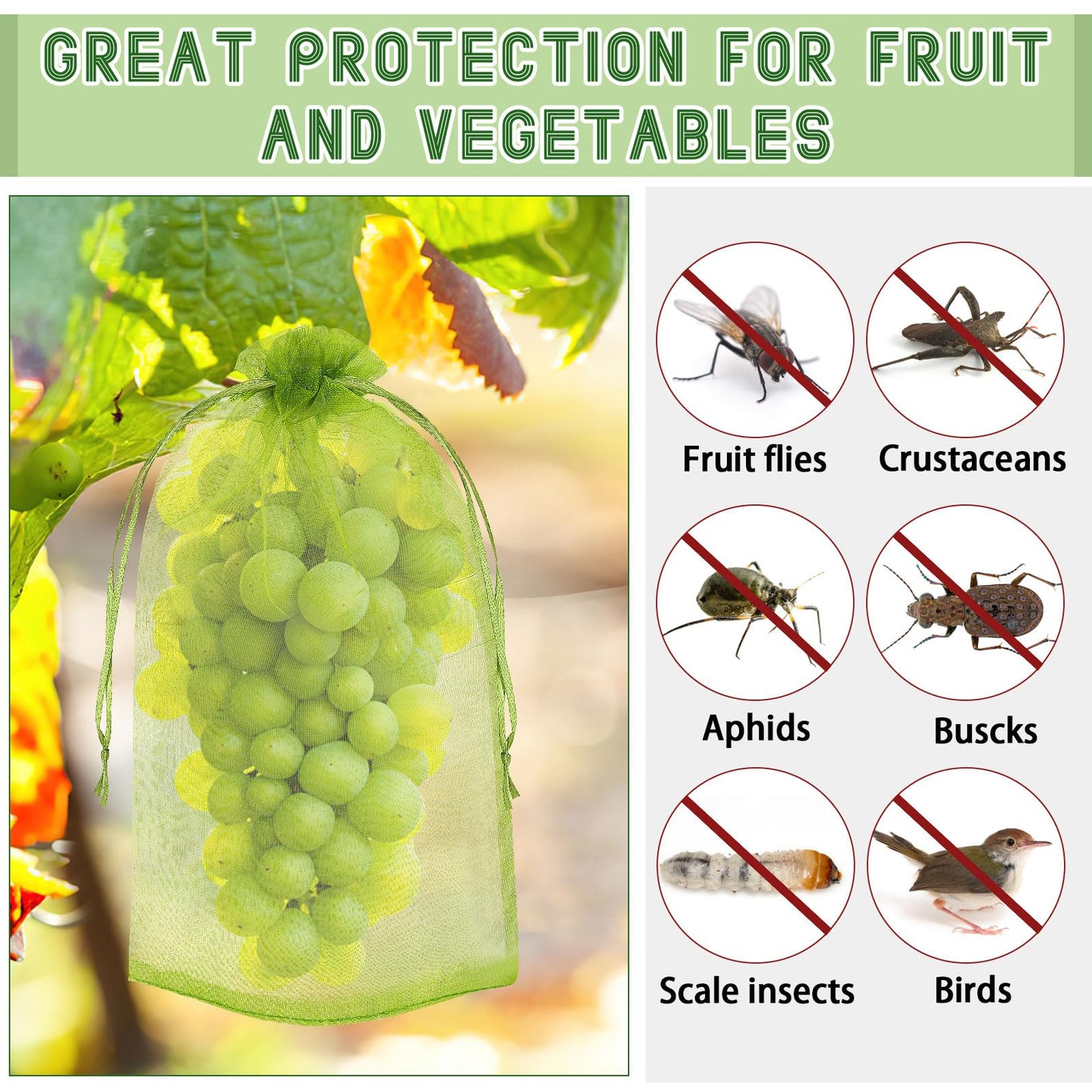 DECYOOL 120 PCS Fruit Protection Bags 8x12 inch, Green Fruit Bags for Fruit Trees Fruit Netting Cover Drawstring Mesh Bags Suit for Mangoes Tomatoes Fruit Trees Veggies Garden