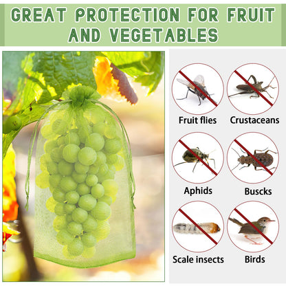 DECYOOL 120 PCS Fruit Protection Bags 8x12 inch, Green Fruit Bags for Fruit Trees Fruit Netting Cover Drawstring Mesh Bags Suit for Mangoes Tomatoes Fruit Trees Veggies Garden