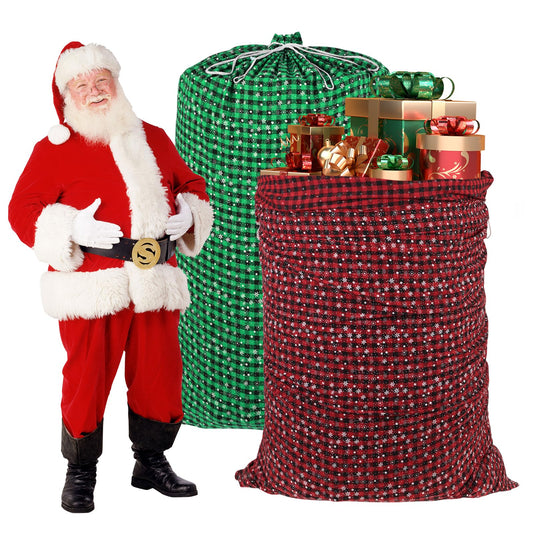 2PCS 47"×32" Jumbo Christmas Drawstring Gift Bags Extra Large Cotton Christmas Buffalo Plaid Drawstring Gift Bags Santa Sack with Drawstring for Xmas Huge Gifts Giving and Christmas Party Decor