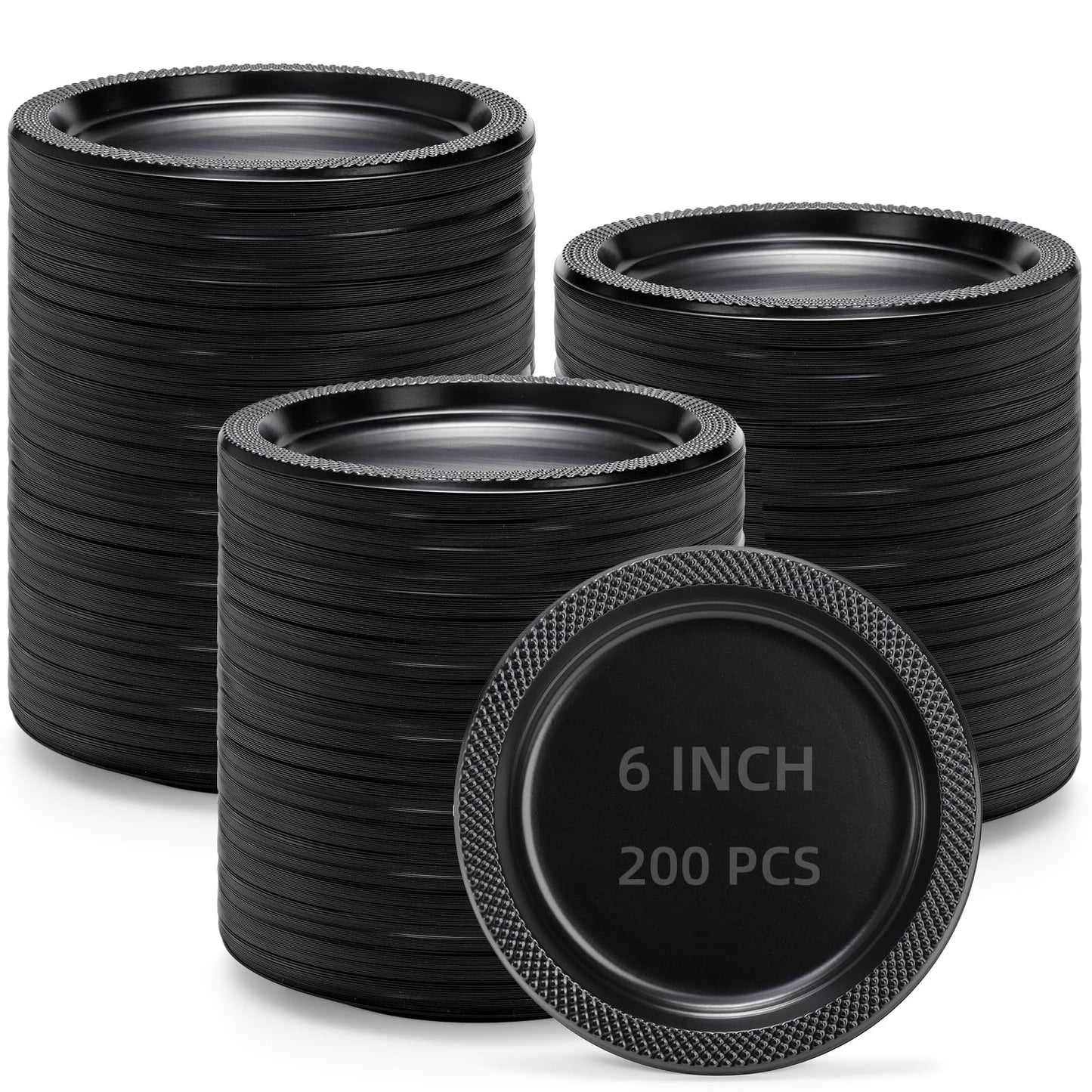 Cididu 200 Pcs Black Disposable Plastic Plates, 6.5 Inch Round Dessert Plates, Bulk Cake Plates Party Plates for Dinner Catering Birthday BBQ Wedding Travel Buffets, Light Weight Appetizer Supplies