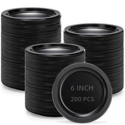 Cididu 200 Pcs Black Disposable Plastic Plates, 6.5 Inch Round Dessert Plates, Bulk Cake Plates Party Plates for Dinner Catering Birthday BBQ Wedding Travel Buffets, Light Weight Appetizer Supplies