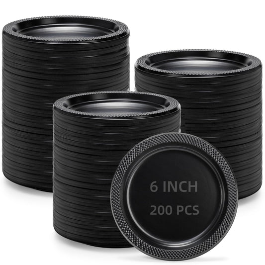 Cididu 200 Pcs Black Disposable Plastic Plates, 6.5 Inch Round Dessert Plates, Bulk Cake Plates Party Plates for Dinner Catering Birthday BBQ Wedding Travel Buffets, Light Weight Appetizer Supplies