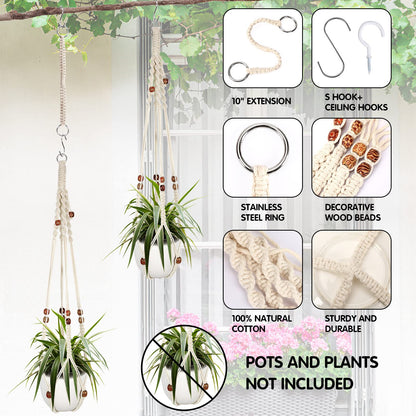 Augshy Macrame Plant Hanger, 2Pcs Hanging Holder with Extender Hangers for Indoor Outdoor Decor Macrame Hanging Basket with 4 Hooks