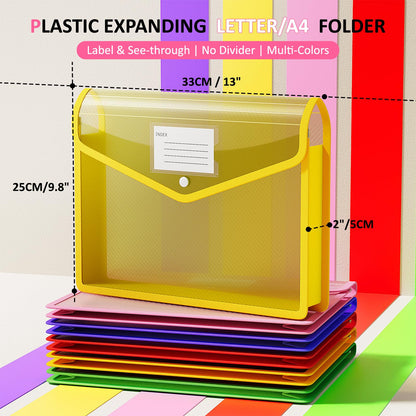ThinkTex Plastic Expanding File Folder, Transparent Envelopes with Snap Closure,Suitable for Home, Office, School and Hospital, Large Capacity，No Dividers, Dopamine-5-Color, Fit Letter/A4 Size-5 Pcs
