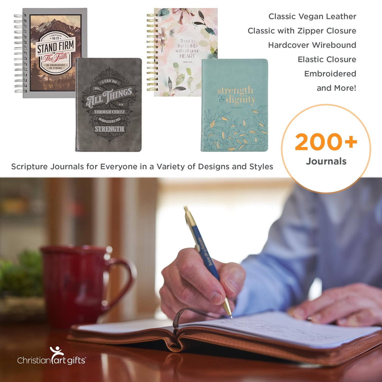 Classic Faux Leather Journal Strong and Courageous Joshua 1:57 Bible Verse, Brown Inspirational Notebook, Lined Pages W/Scripture, Ribbon Marker, Zipper Closure