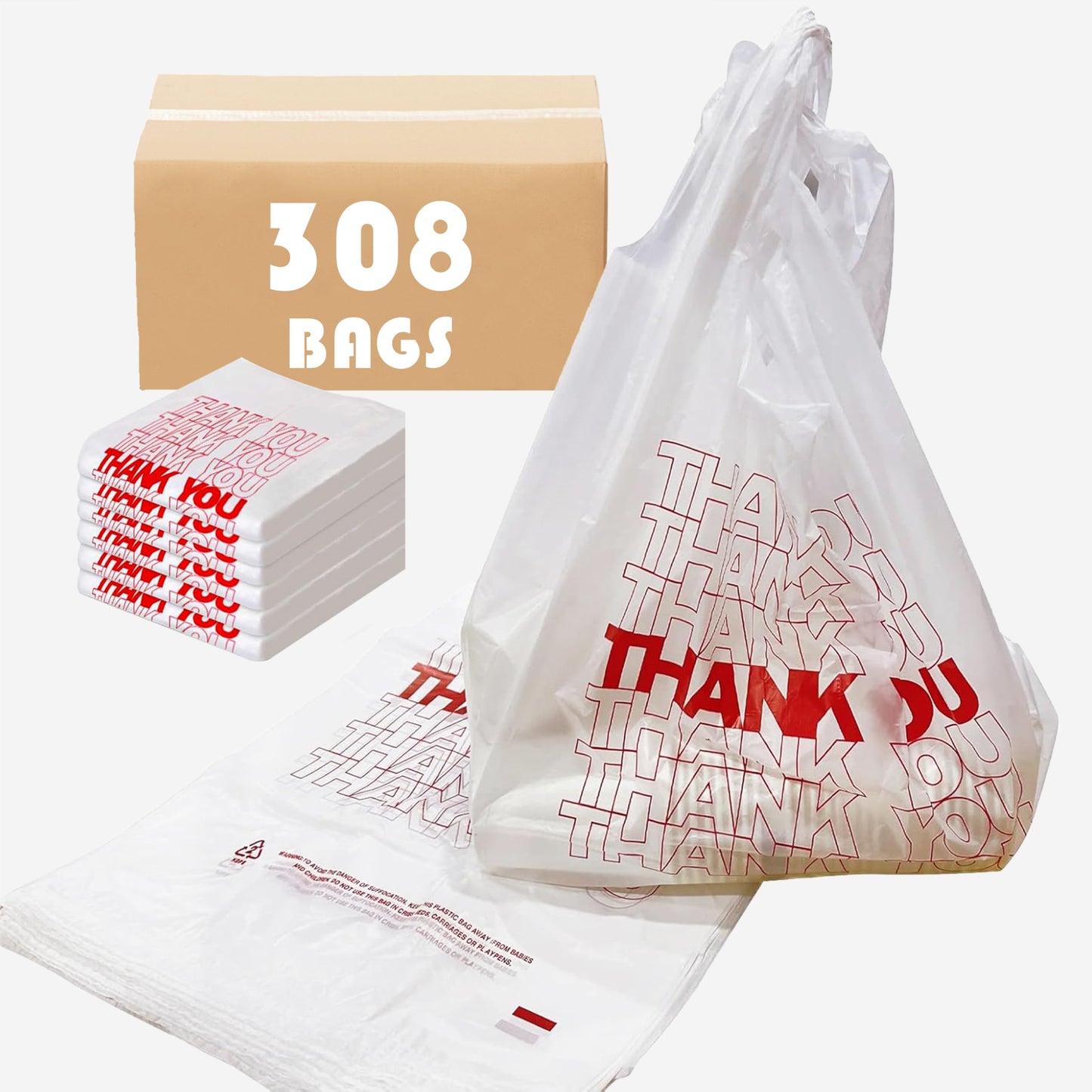 TashiBox 308 Ct plastic bags/Shopping Bags/Thank You Bags/Reusable and Disposable Grocery Bag - Measures 11.5" X 6.25" X 21", 15mic, 0.6 Mil