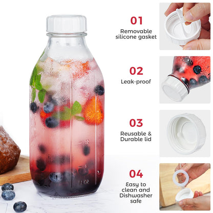 Dwbligt 32 Oz Reusable Glass Water Bottles with Silicone Dispenser Cap, 2 Pack Milk Jugs with Airtight Screw Lids, Leak Proof Glass Juice Bottles with Scale Marks for Fridge