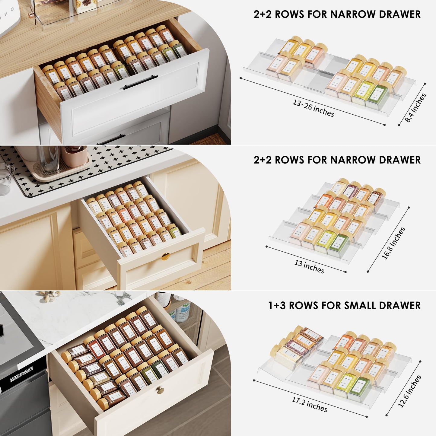 Spice Drawer Organizer, 4 Tier Clear Acrylic Expandable From 13" to 26" Seasoning Jars Drawer Insert, Kitchen Drawer Spice Rack Tray for Cabinet/Countertop