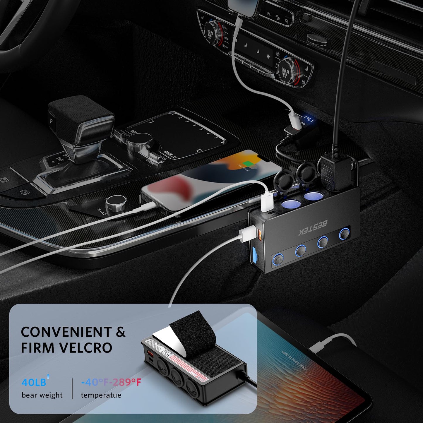 BESTEK 180W Cigarette Lighter Splitter, 3-Socket Cigarette Lighter Adapter with PD 65W&18W and QC3.0 18W*4 Charging Ports, LED Voltage Display Super Fast Charger Adapter for 12V/24V Vehicles