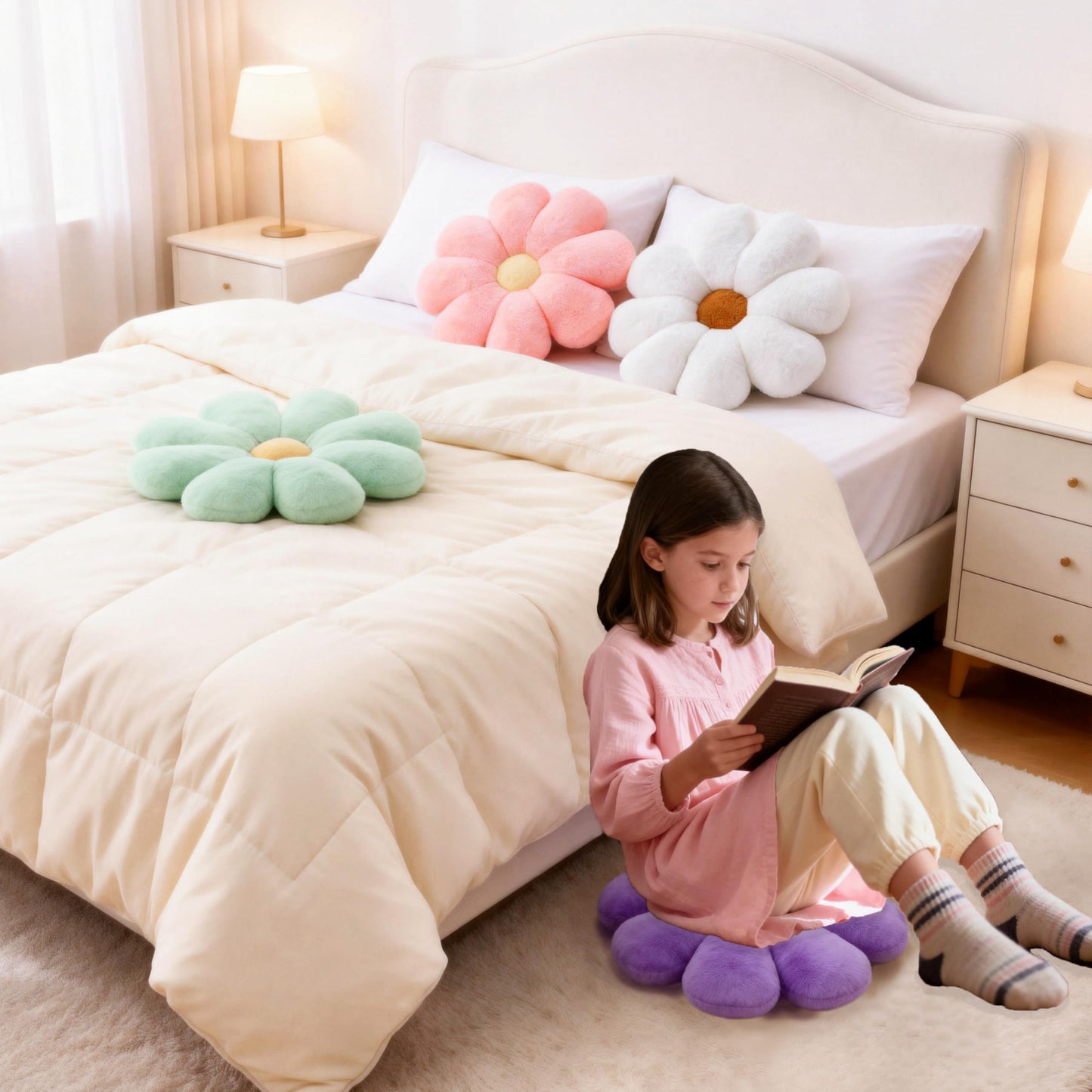 2pcs Flower Pillow - Pink White Aesthetic Preppy Bedroom Living Room Home Decor, Cute Daisy Flower Decorative Throw Pillows Floor Cushions for Girls Bedroom Bed Sofa Chair (Pink & White)