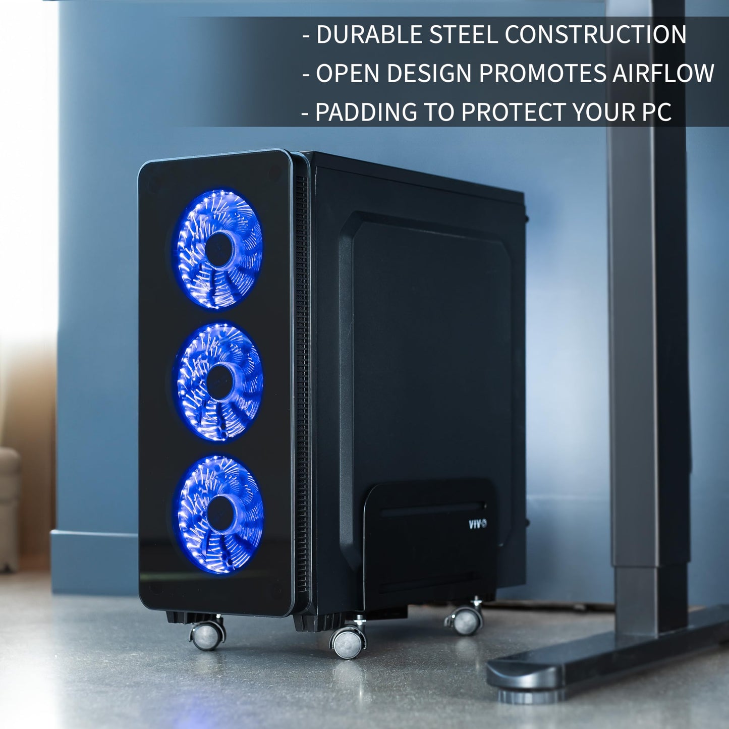 VIVO Black Computer Tower Desktop ATX-Case, CPU Steel Rolling Stand, Adjustable Mobile Cart Holder with Locking Caster Wheels (CART-PC01)