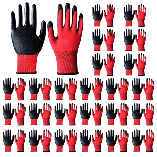 24 Pairs Gardening Gloves for Men Women, Rubber Coated Safety Work Gloves Bulk, Breathable Large Garden Construction Gloves for Weeding, Digging, Pruning, Construction, Black and Red