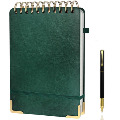 A5 Top Spiral Notebook, Large Leather Hardcover Top Bound Steno Pads, 240 Pages 100 gsm Thick Lined Paper Left Handed Notebook Journal for Work, School, Meeting Writing - Green, 5.9" x 8.5"