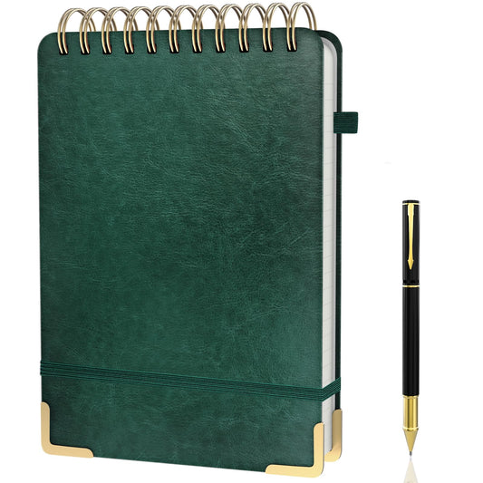 A5 Top Spiral Notebook, Large Leather Hardcover Top Bound Steno Pads, 240 Pages 100 gsm Thick Lined Paper Left Handed Notebook Journal for Work, School, Meeting Writing - Green, 5.9" x 8.5"