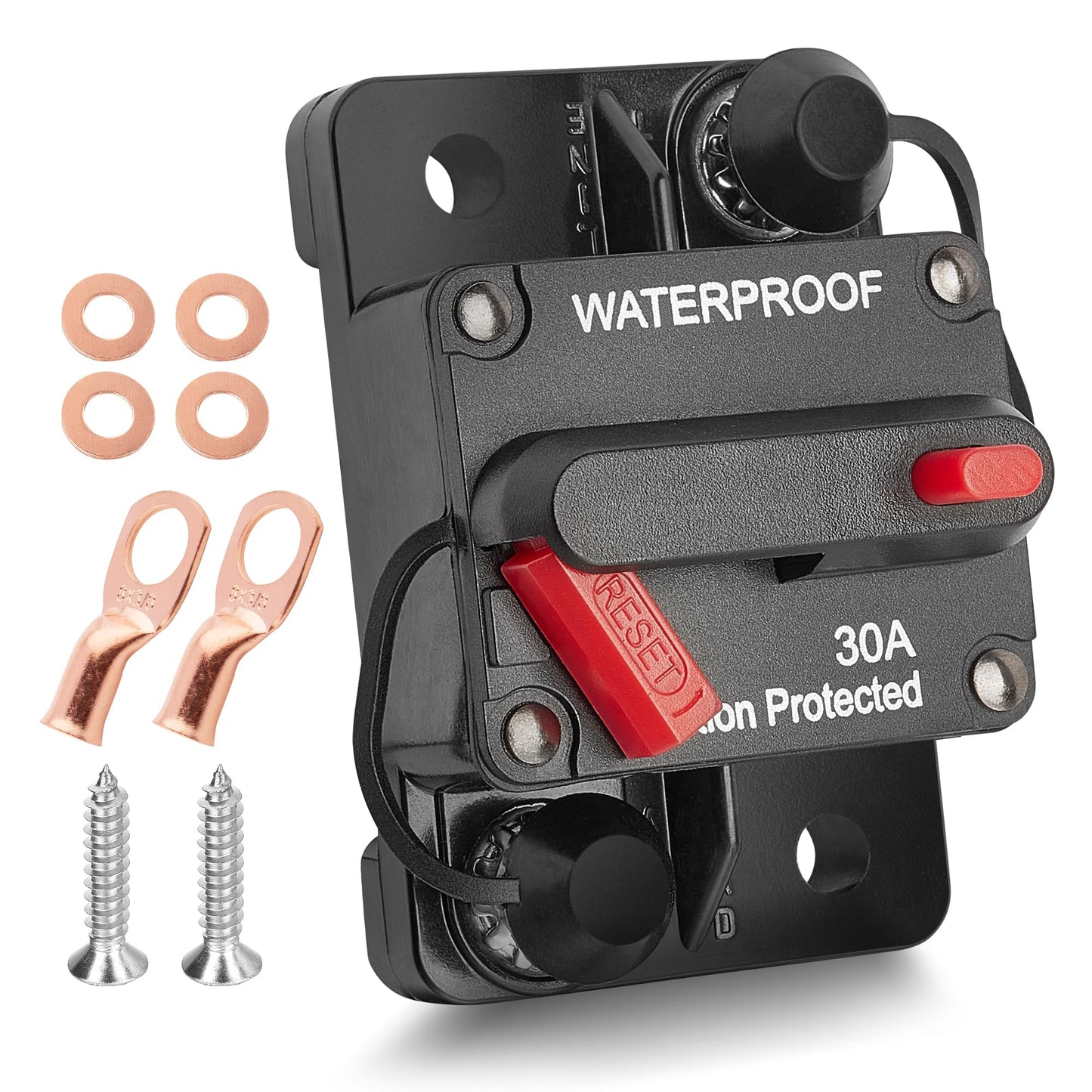RED WOLF Car Circuit Breaker 30A AMP w/Manual Reset Switch Inline Fuse Holder Inverter 12V-48V DC for Motor Trolling Vehicles Audio Radio Solar System Protection with Wire Lugs Copper Washer Screws