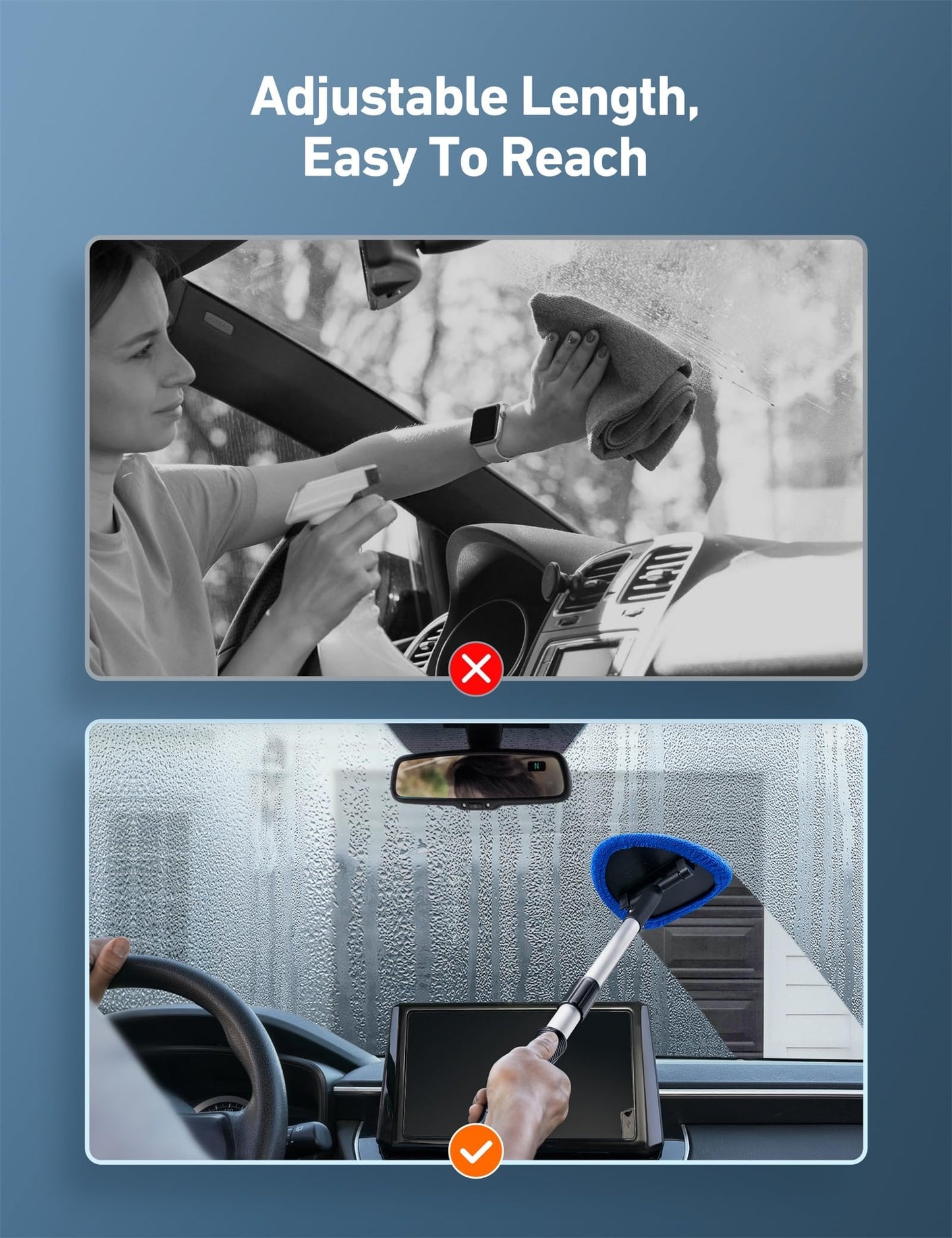 AstroAI Car Windshield Cleaner Tool, Car Window Cleaner with Extendable Handle, Windshield Cleaning Tool, 4 Reusable and Washable Microfiber Pads