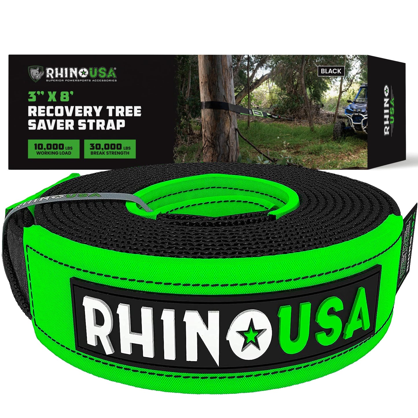 Rhino USA Tree Saver Tow Strap (3" x 8') - 31,518lb Break Strength - Emergency Recovery Strap Winch Extension for Truck, UTV, ATV & More - Heavy Duty Straps Compatible with Jeep, Ford, Toyota (Black)
