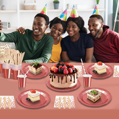 Nkaiso 193 Piece Rosegold Party Tableware, Party Paper Plates and Cutlery Set Includes Plates Cups Dinnerware Napkins, for Birthday Wedding Babyshower Decorations Supplies-24 Guests