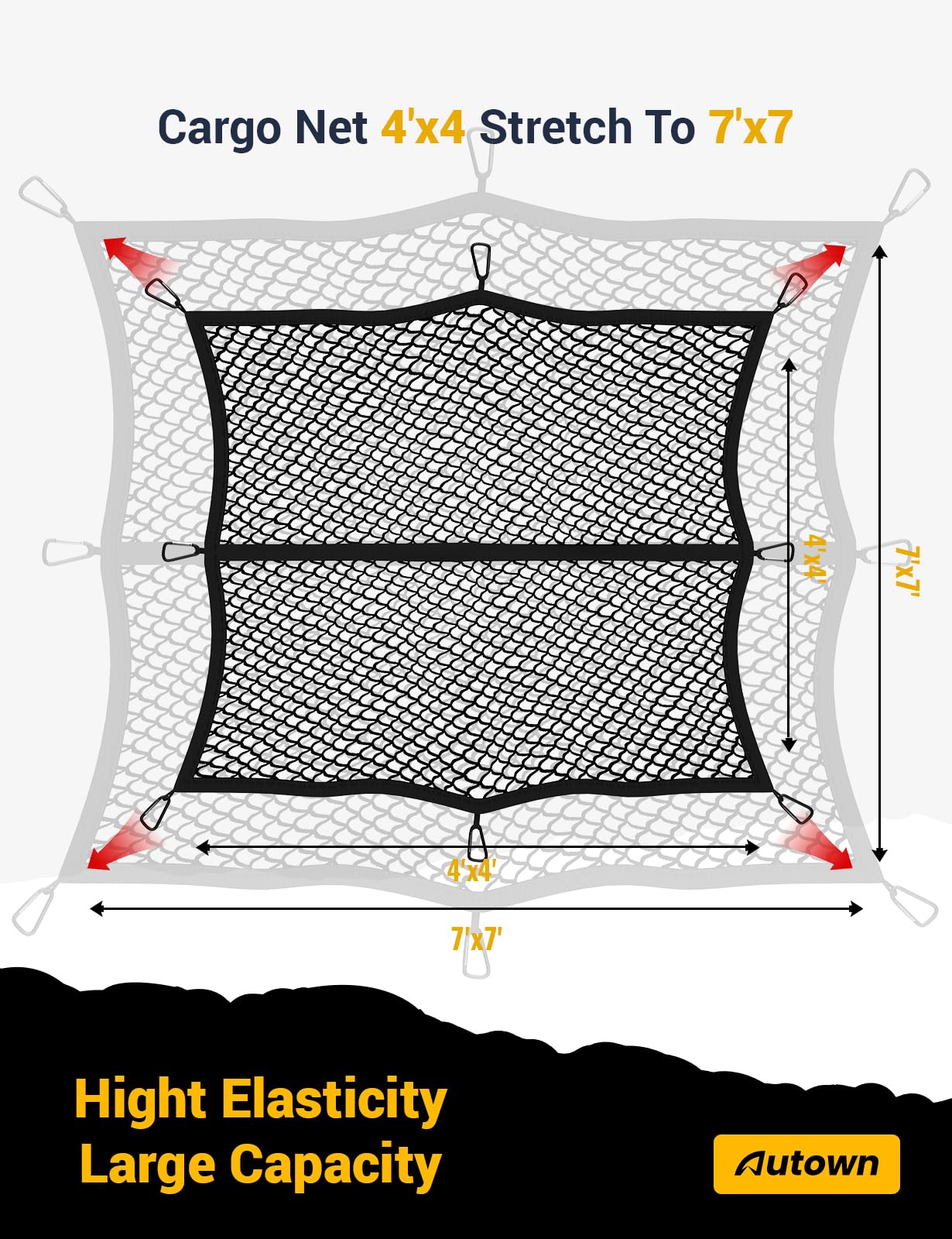 AUTOWN Cargo Net for Pickup Truck Bed - Stretchable 4'x4' to 7'x7', High Elastic Fine Mesh 1''x1'' with 8 Metal Carabiners - Ideal for ATV, SUV, UTV, Truck and Boat Use