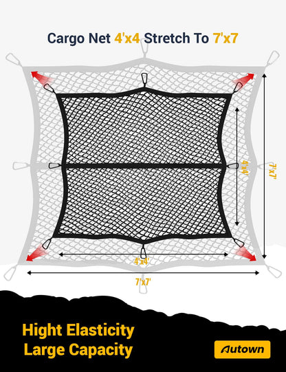 AUTOWN Cargo Net for Pickup Truck Bed - Stretchable 4'x4' to 7'x7', High Elastic Fine Mesh 1''x1'' with 8 Metal Carabiners - Ideal for ATV, SUV, UTV, Truck and Boat Use