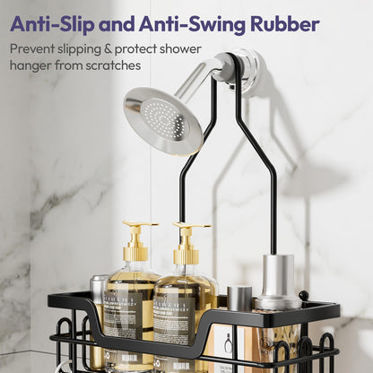 SWTYMIKI Shower Caddy Hanging, Shower Caddy Over Shower Head with 2 Soap Holders & hooks, 3 Tier Antirust & Anti-Swing Bathroom Shelves Organizer No Drilling, Black
