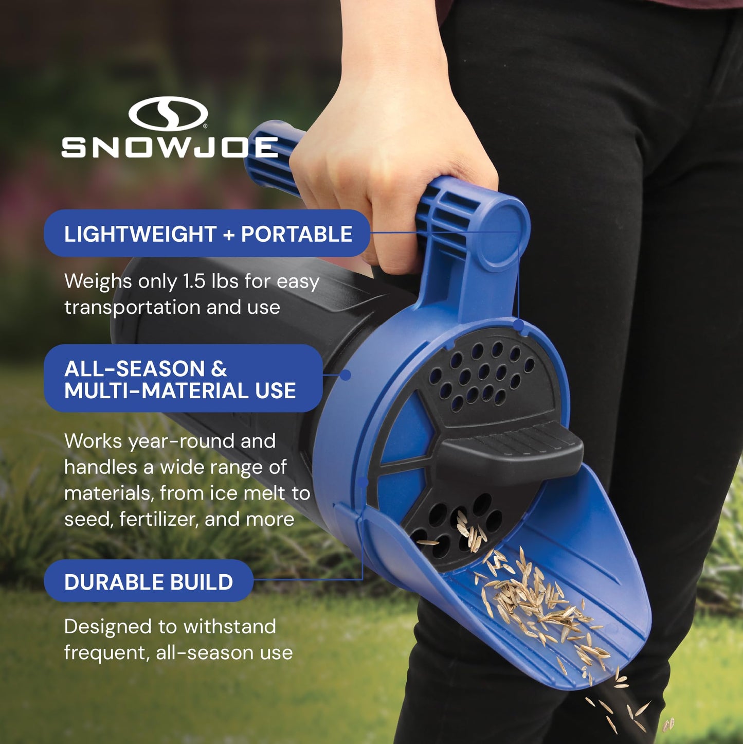 Snow Joe Sun Joe SJSPD1 Handheld All-Season Multi-Purpose Spreader, 5 lbs, w/Adjustable Dial Flow Control, for Ice Melt, Fertilizer, Grass Seed, Pool Chemicals, Pesticides Blue/Black