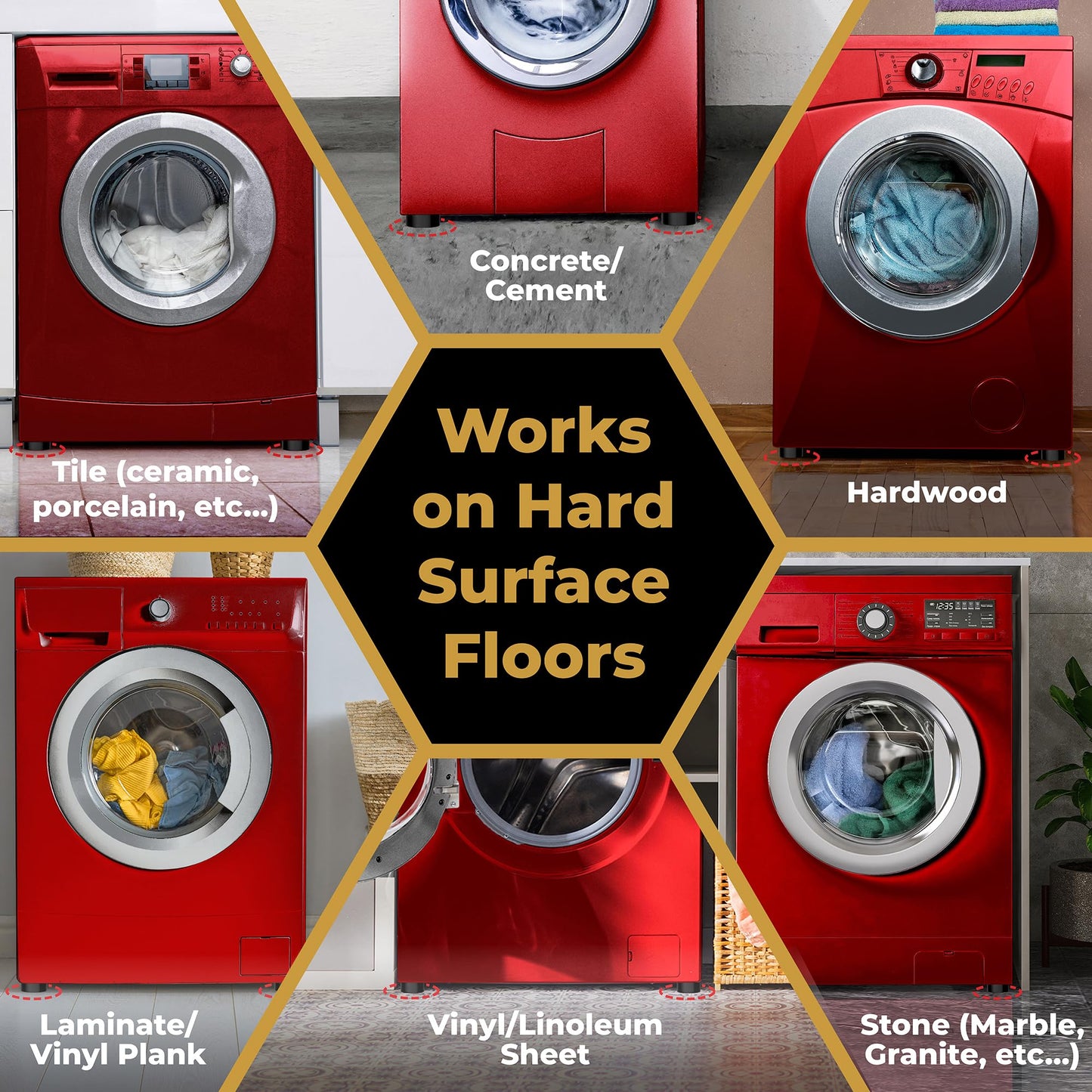 Anti Vibration Pads for Washing Machine w/HexaGrip - Stops Washer Dryer Noise Moving Shaking Walking Skidding - Appliance Anti Vibration Washing Machine Support Feet Stabilizer Mat - VIBRASHIELD 4 PK