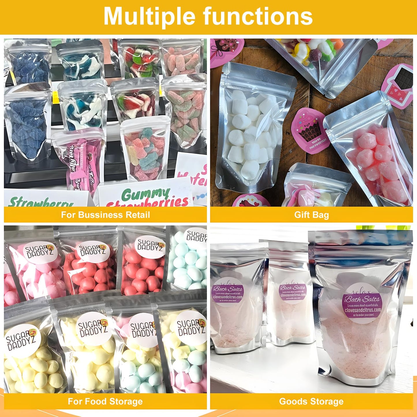 SumDirect 100pcs Disposable Food Storage Bags,Resealable Zipper Stand up Mylar Bags Pouches with Notch for Small Business Packaging Supplies and Party Favors (100, 4.7x7 inch)