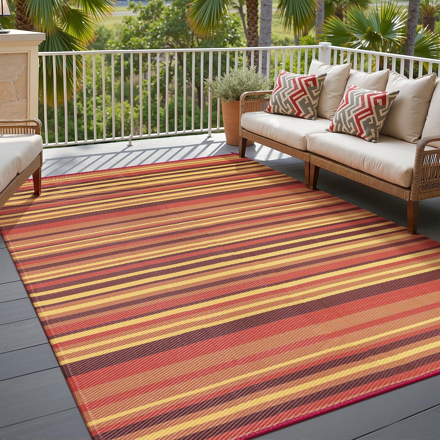 WondRg Outdoor Rug Patio Mat 5x8 Waterproof Plastic Straw Red Orange Stripe Tapis Exterieur for Camping Picnic Deck Washable Outside Carpet Balcony Backyard Porch RV Portable Reversible Lightweight