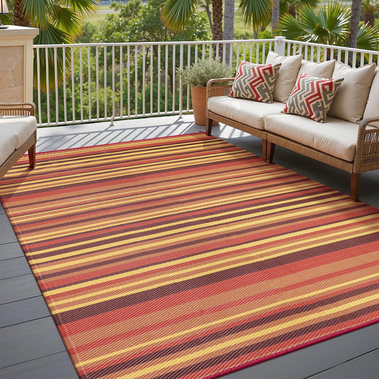 WondRg Outdoor Rug Patio Mat 5x8 Waterproof Plastic Straw Red Orange Stripe Tapis Exterieur for Camping Picnic Deck Washable Outside Carpet Balcony Backyard Porch RV Portable Reversible Lightweight