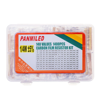 PANMILED 140 Values 1400 Pieces Resistors Assortment Kit 0 ohm-10M ohm, 1/4 watt 5% Carbon Film Resistor Combination Kit, Plug-in Resistor Element Packaging