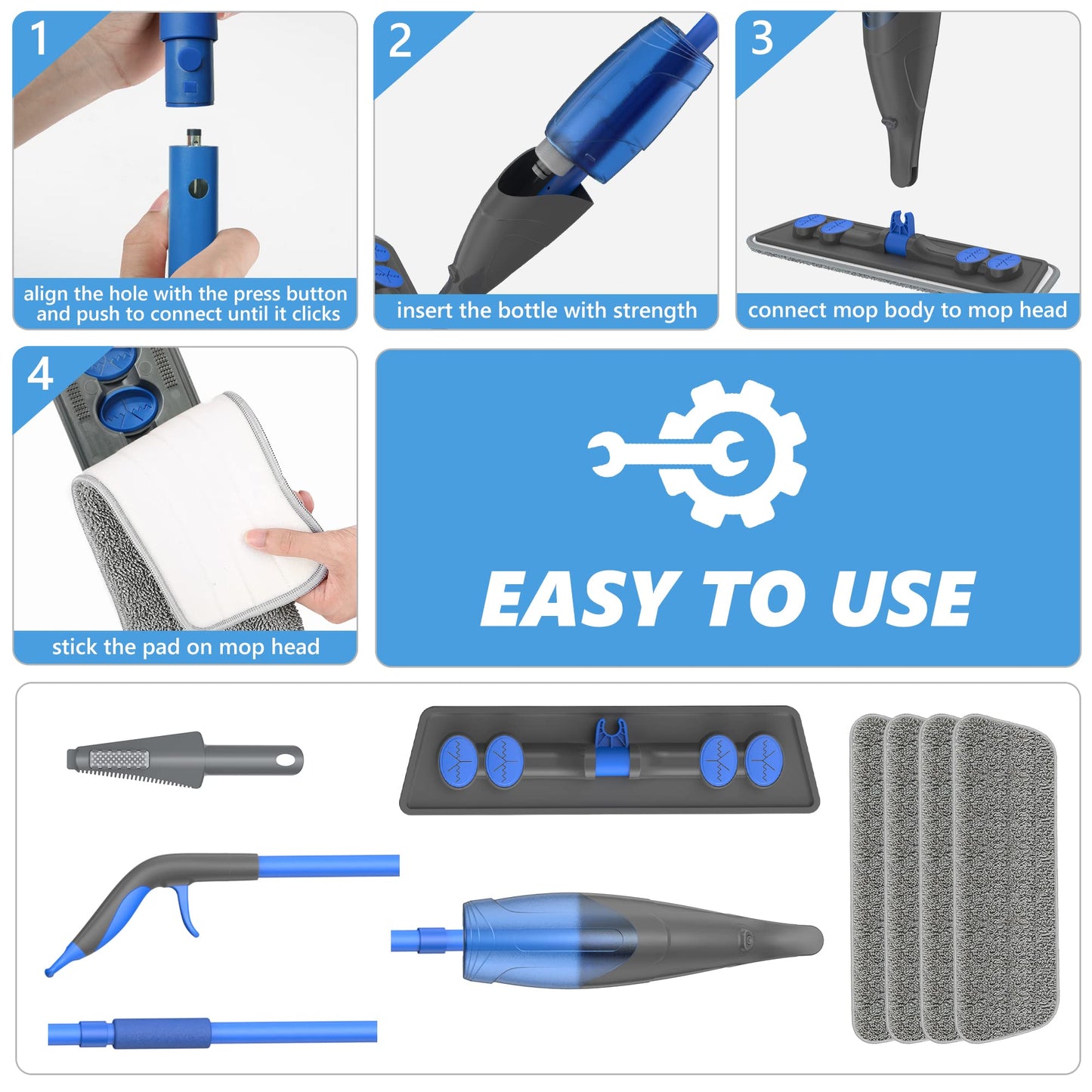 Spray Mops for Cleaning Floors: Papclean Floor Mop for Wet Dry Household - 4 Microfiber Pads 635ML Refillable Bottle for Hardwood Laminate Vinyl Apartment Kitchen Bathroom Cleaning