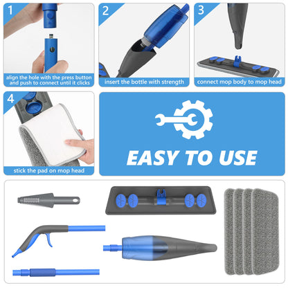 Spray Mops for Cleaning Floors: Papclean Floor Mop for Wet Dry Household - 4 Microfiber Pads 635ML Refillable Bottle for Hardwood Laminate Vinyl Apartment Kitchen Bathroom Cleaning