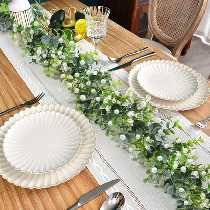 SOMYTING Artificial Eucalyptus Garland with White Flowers, 2 Packs 6Ft Artificial Greenery Garland Fake Hanging Flower Garland Plant Artificial Vines for Wedding Backdrop Arch Wall Table Decor