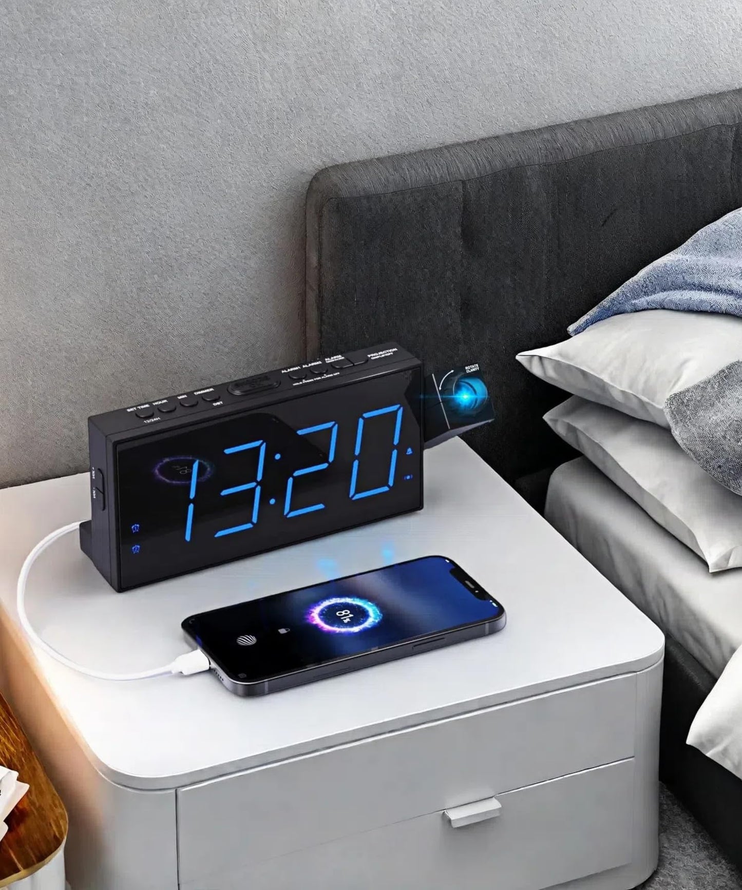 Projection Alarm Clock with USB Charging, 180° Rotating Projector (Up to 11ft), Dual Alarms, 5-Level Dimmer, 12/24H, DST, Snooze Function - Ideal for Heavy Sleepers, Seniors & Kids