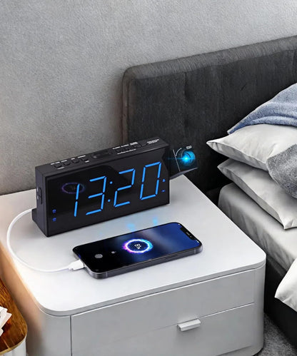 Projection Alarm Clock with USB Charging, 180° Rotating Projector (Up to 11ft), Dual Alarms, 5-Level Dimmer, 12/24H, DST, Snooze Function - Ideal for Heavy Sleepers, Seniors & Kids