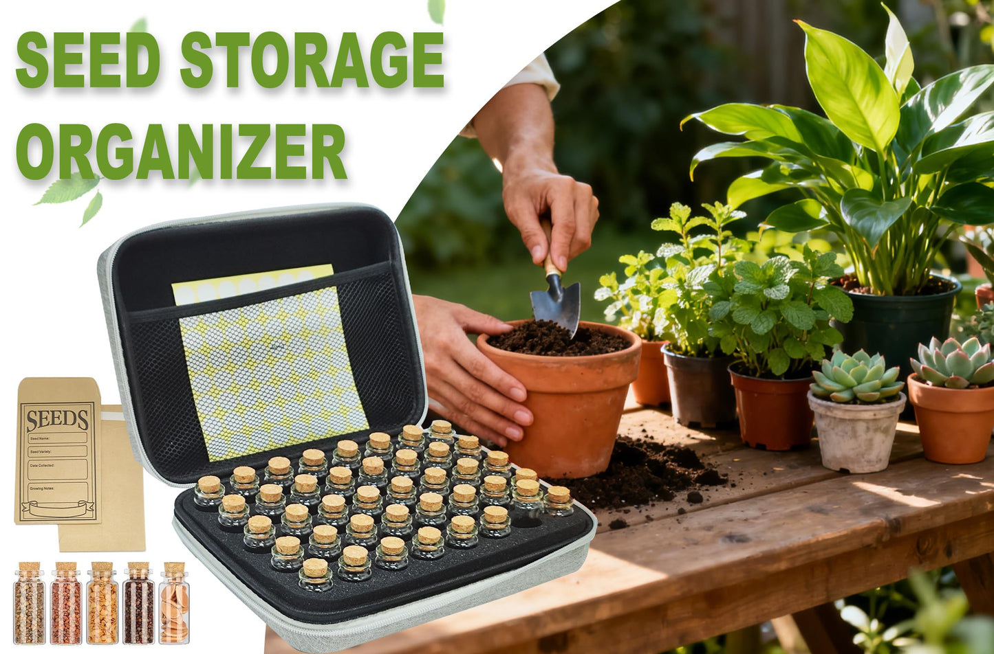 40 Slots Seed Storage Box,Garden Storage Organizer Box with Glass Storage Containers,Label Stickers,Seed Envelopes,Funnel for Various Sizes Vegetable and Flower Garden Seeds