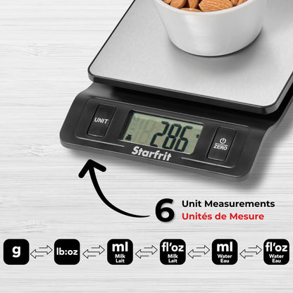 Starfrit Digital Kitchen Scale - Stainless Steel Platform - Measures Weight and Liquid Volume - 11 lb / 5 kg Capacity - Stainless Steel