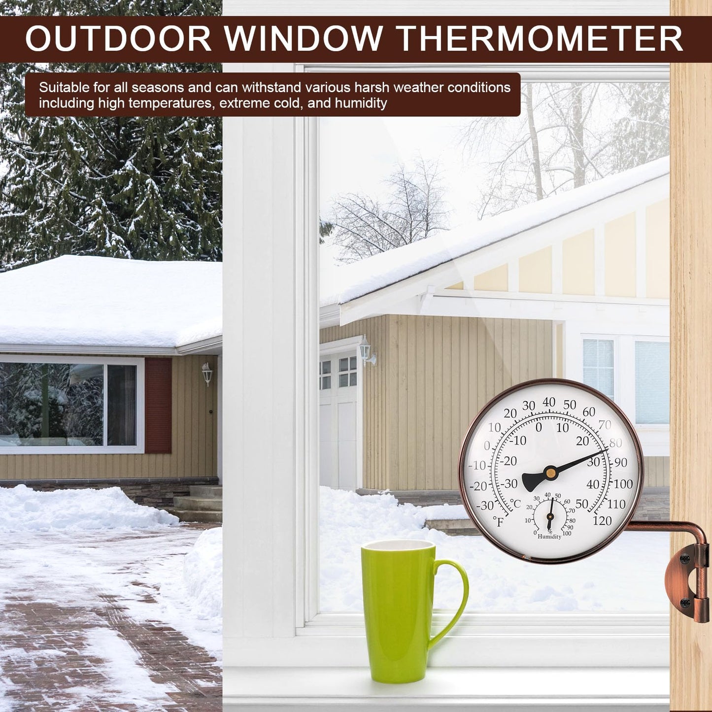 4 Inch Brass Outdoor Thermometer with Humidity Gauge, Analog Swivel Temperature Gauge Decorative Outdoor Thermometer for Patio Window Greenhouse Garage Garden Decor