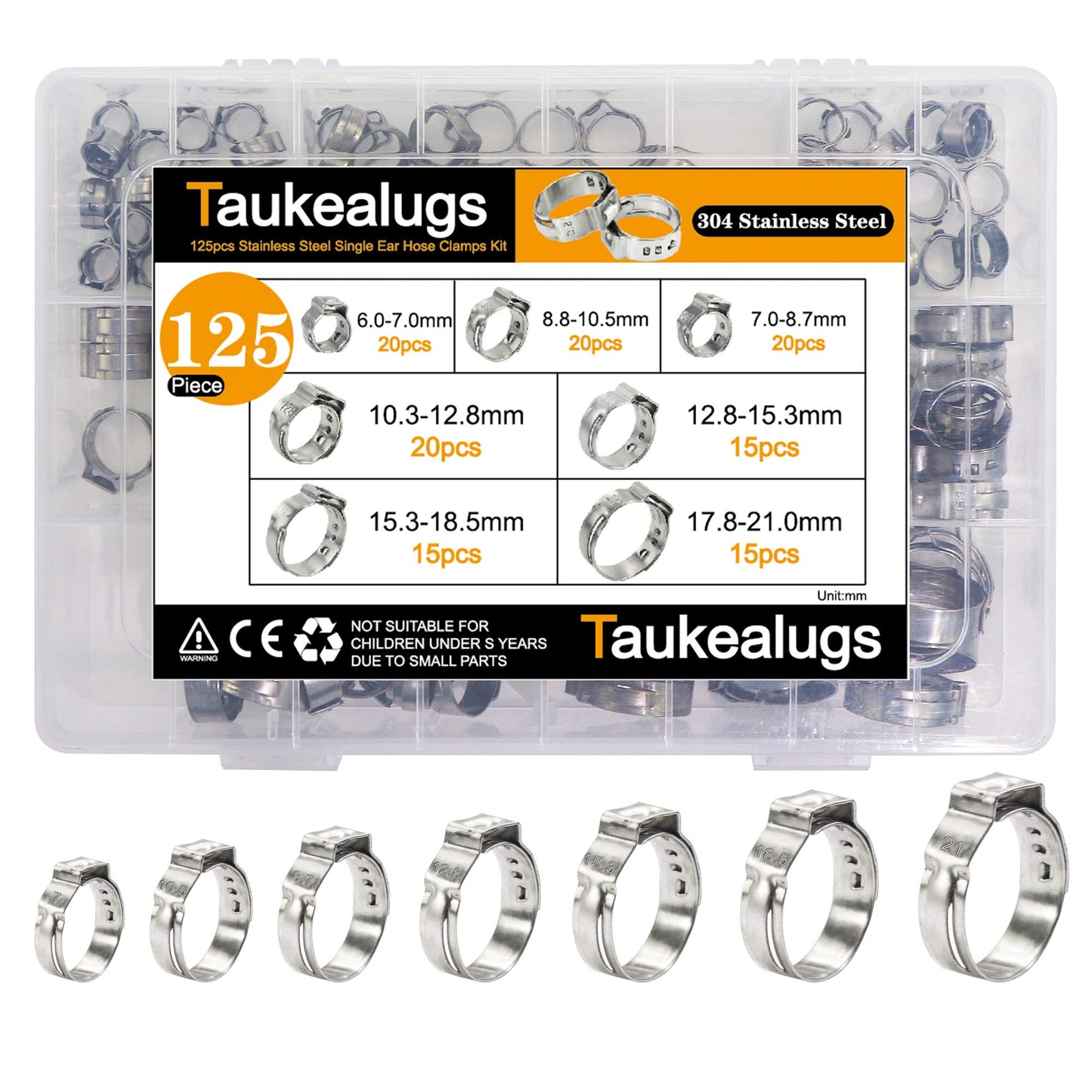 125PCS Single Ear Hose Clamps 7-21mm Sizes 304 Stainless Steel Pipe Fuel Line Clips kit