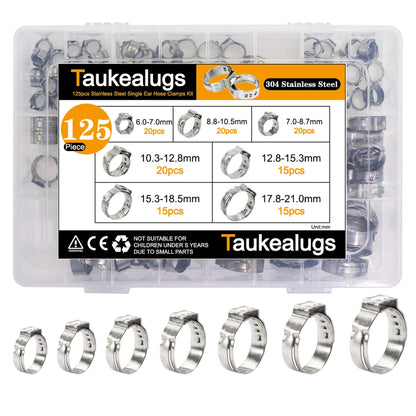 125PCS Single Ear Hose Clamps 7-21mm Sizes 304 Stainless Steel Pipe Fuel Line Clips kit