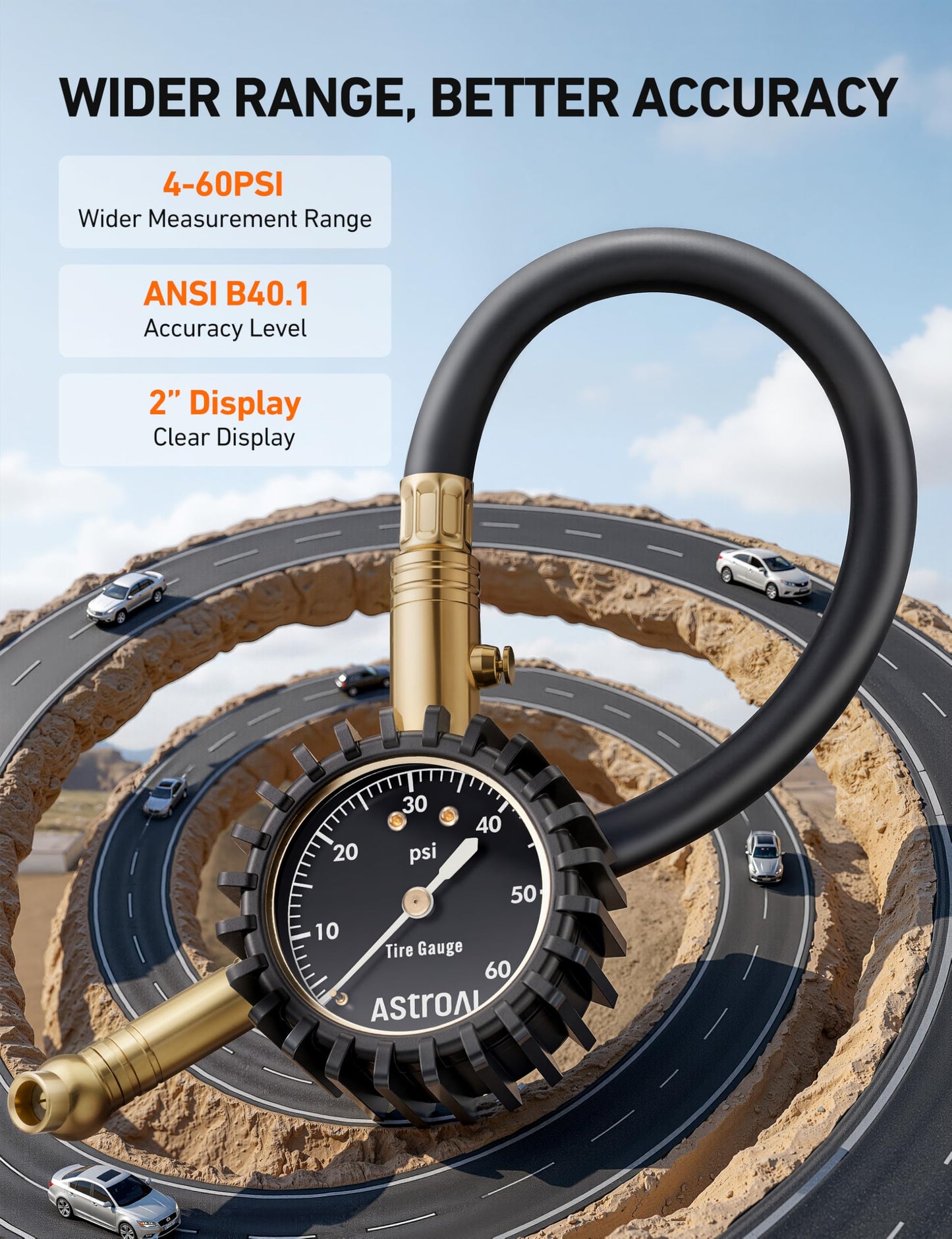 AstroAI Heavy Duty Tire Pressure Gauge 60 PSI with Large 2" Easy Read Glow Dial, Durable Rubber Hose and Solid Brass Construction, Professional Mechanical Tire Gauge for Motorcycles, Cars, Bicycle
