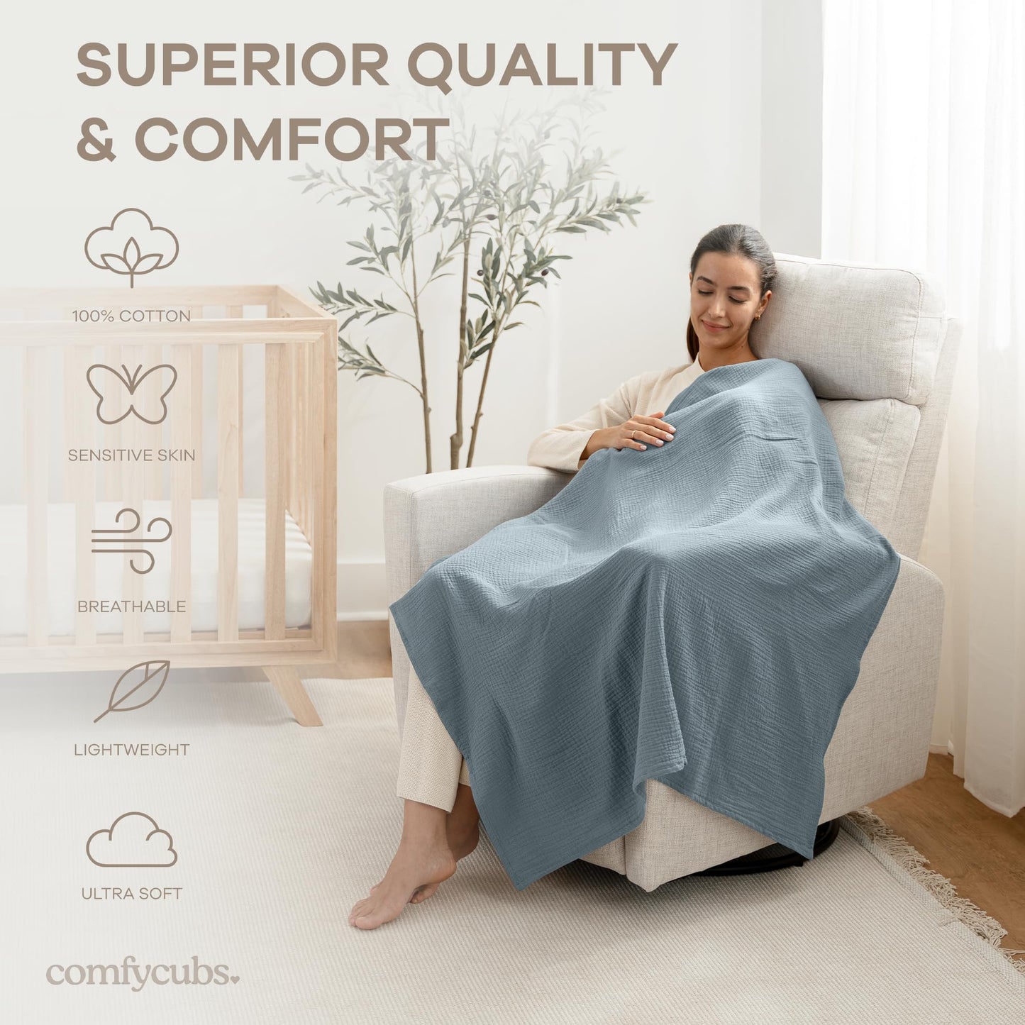 Comfy Cubs Muslin Swaddle Blankets Pack of 3, 107 x 107 cm, Soft 100% Cotton Baby Blanket Set, Large Swaddling Wraps for Newborns - Self-Soothing Baby Swaddle - Heather Blue, Pacific Blue, Fern