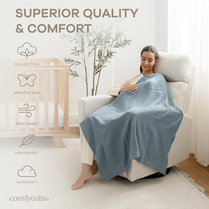 Comfy Cubs Muslin Swaddle Blankets Pack of 3, 107 x 107 cm, Soft 100% Cotton Baby Blanket Set, Large Swaddling Wraps for Newborns - Self-Soothing Baby Swaddle - Heather Blue, Pacific Blue, Fern