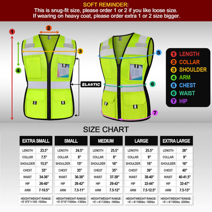 TCCFCCT Women High Visibility Vest 11 Pockets Snug-Fit Reflective Safety Vest with Reinforced Zipper, Neon Construction Work Vest for Lady Surveyors/Workers, Durable,Meets ANSI, CA-N-Yellow L