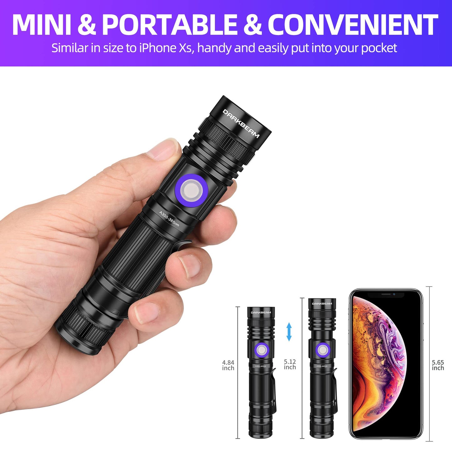 DARKBEAM UV Flashlight 365nm & 395nm Blacklight Rechargeable USB, Wood’s Lamp Ultraviolet Black Light LED Portable with Clip - Detector for Pet Cat Urine, Stains, Resin Curing, Uranium Glass, 2 Pack