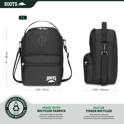 Roots Insulated Lunch Bag – Made from Recycled Polyester, with Exterior ID Label, Adjustable Shoulder Strap & 2 Zippered Compartments – 7L, Black